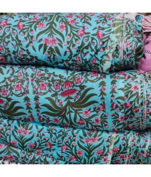 African-Style Cotton Fabric for Girls' Dresses and Bags - 100% Cotton Teal Blue Block Printing Cotton Cloth by the Yard