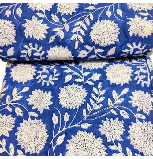 Cobalt Blue Hand Block Cotton Fabric By Yard Floral Design With vibrent color, Quilting And Craft fabric.Indian exporter